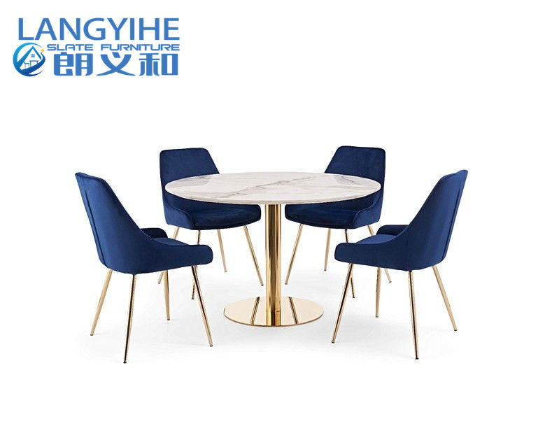 Iso 9001 Bàn ăn hiệu ứng đá cẩm thạch tròn 120cm với ghế nhung dương xỉ màu xanh lam