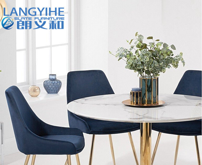 Iso 9001 Bàn ăn hiệu ứng đá cẩm thạch tròn 120cm với ghế nhung dương xỉ màu xanh lam