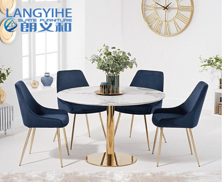 Iso 9001 Bàn ăn hiệu ứng đá cẩm thạch tròn 120cm với ghế nhung dương xỉ màu xanh lam