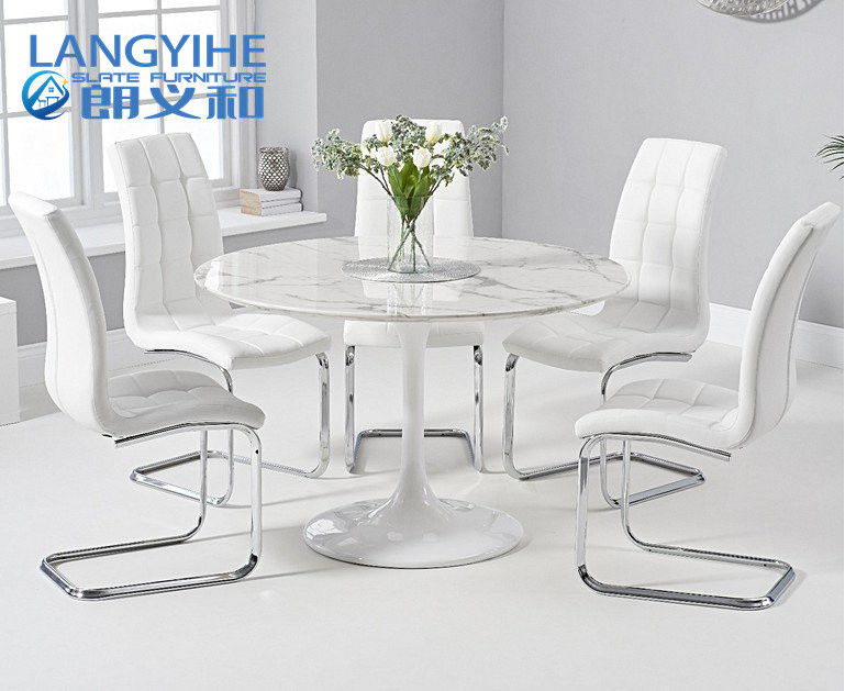 Bàn ăn tròn bằng đá cẩm thạch trắng 120cm và ghế ăn bọc nệm