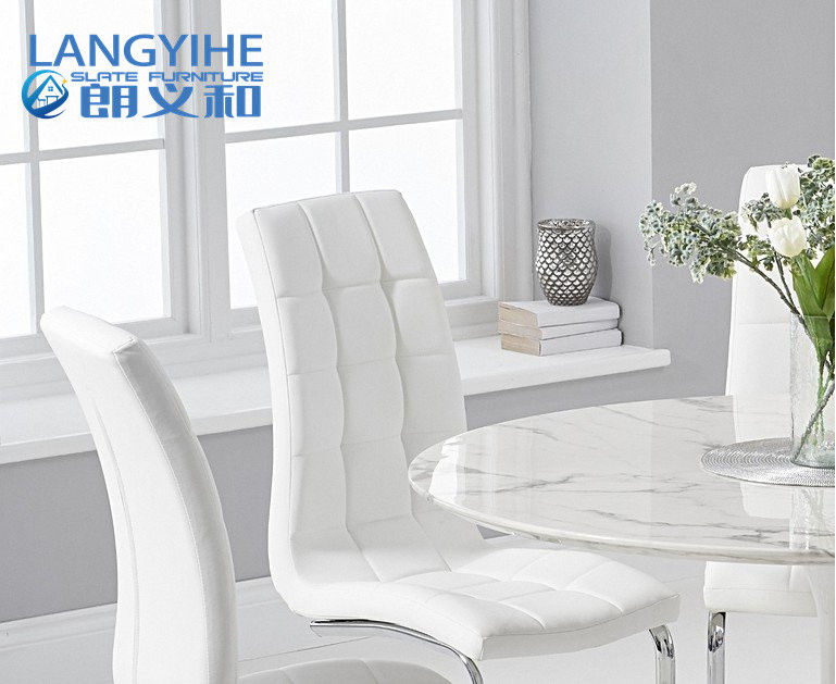 Bàn ăn tròn bằng đá cẩm thạch trắng 120cm và ghế ăn bọc nệm