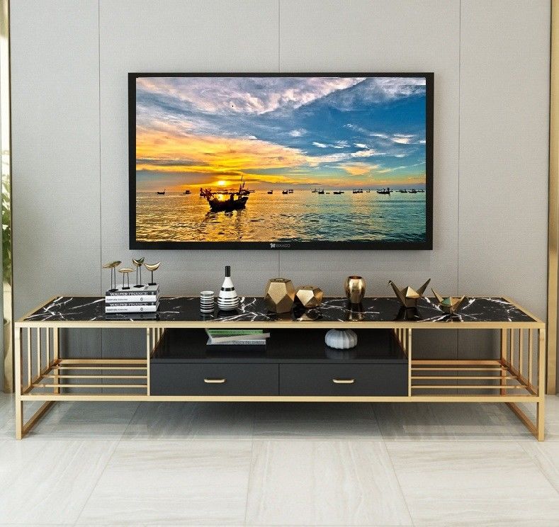 Sang trọng bằng đá cẩm thạch vàng trên cùng Chân đế TV Khung thép không gỉ Ghế dài